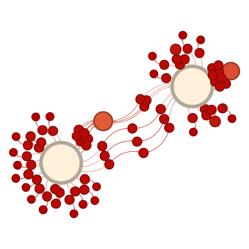 Unlabelled network graph of the teams in the final.  Smaller circles representing smaller numbers of interactions are red and the colour moves towards creamy white as the circles get larger.  Because we are down to two teams, the two biggest circles are pretty much equidistant.