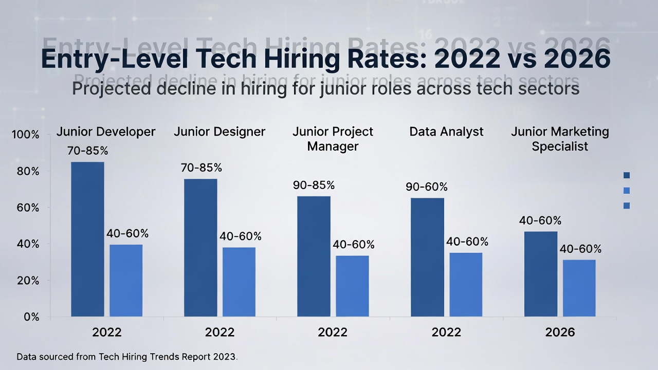 Bar chart comparing hiring rates for entry-level tech positions between 2022 and 2026, showing a significant decline in 2026 for roles like junior developer and data analyst.