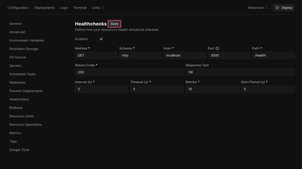 Save Healthcheck Configuration