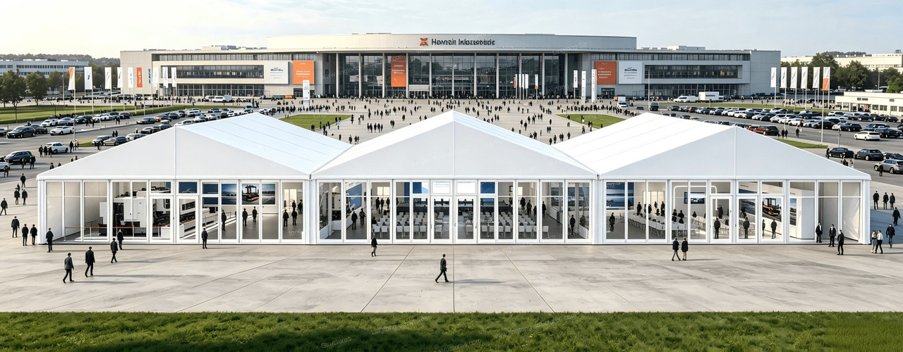 Hannover Messe exhibition tent exterior overview showing the modular tent system