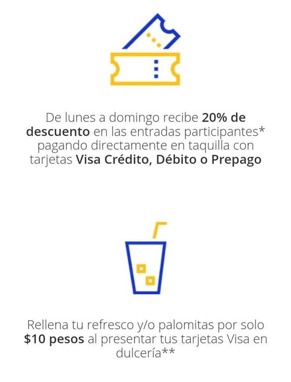 Cinépolis: 20% de descuento en compra de boletos en taquilla y $10 pesos el refill de palomas y refresco con Visa 
