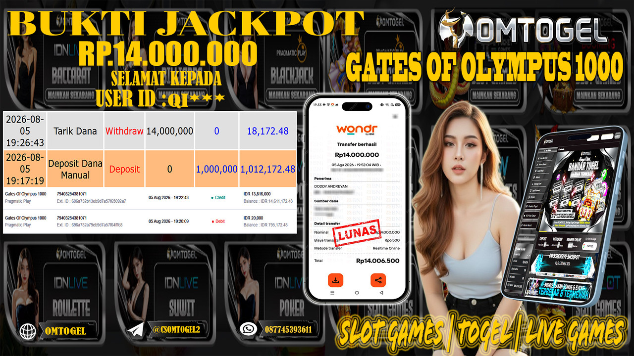 OMTOGEL JACKPOT PRAGMATICPLAY GATES OF OLYMPUS 1000  Rp,14,000,000,- DIBAYAR LUNAS