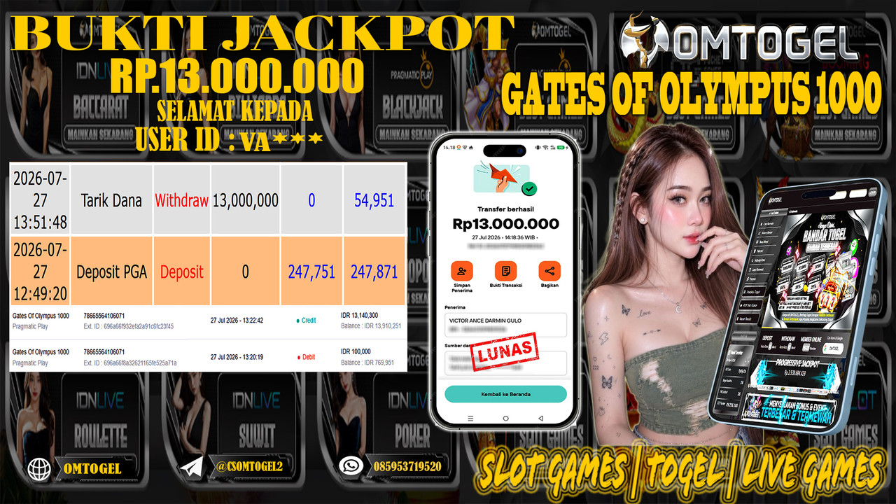 OMTOGEL JACKPOT PRAGMATICPLAY GATES OF OLYMPUS 1000 Rp,13,000,000,- DIBAYAR LUNAS