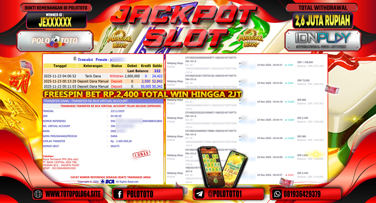 POLOTOTO JACKPOT SLOT MAHJONG WAYS Rp.2.600.000,- LUNAS