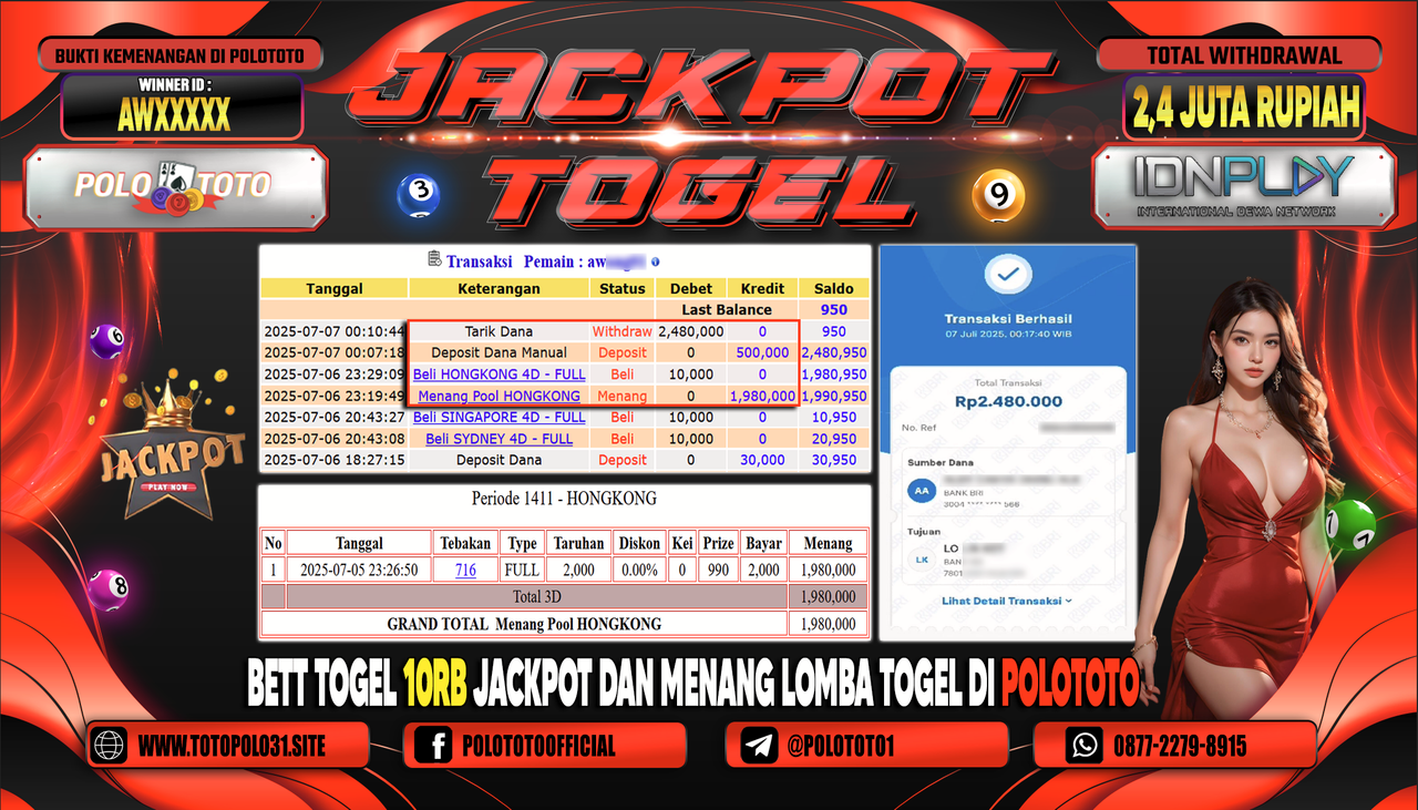 POLOTOTO JACKPOT TOGEL HONGKONG LOTTO Rp.2.480.000,-