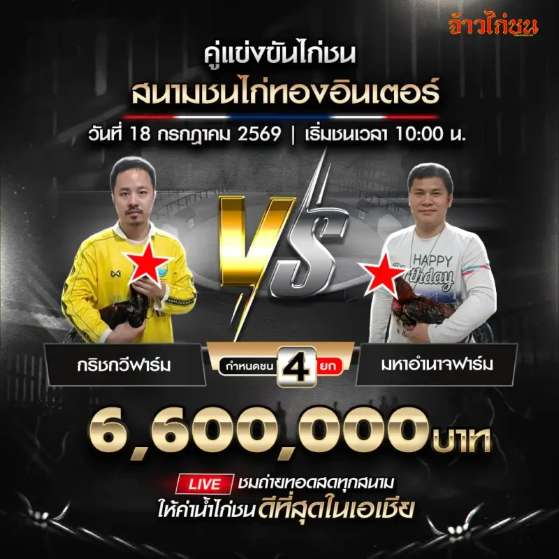 โปรแกรมไก่ชน สนามชนไก่ทองอินเตอร์ 18 กรกฎาคม 2569 กริชกวีฟาร์ม พบ มหาอำนาจฟาร์ม