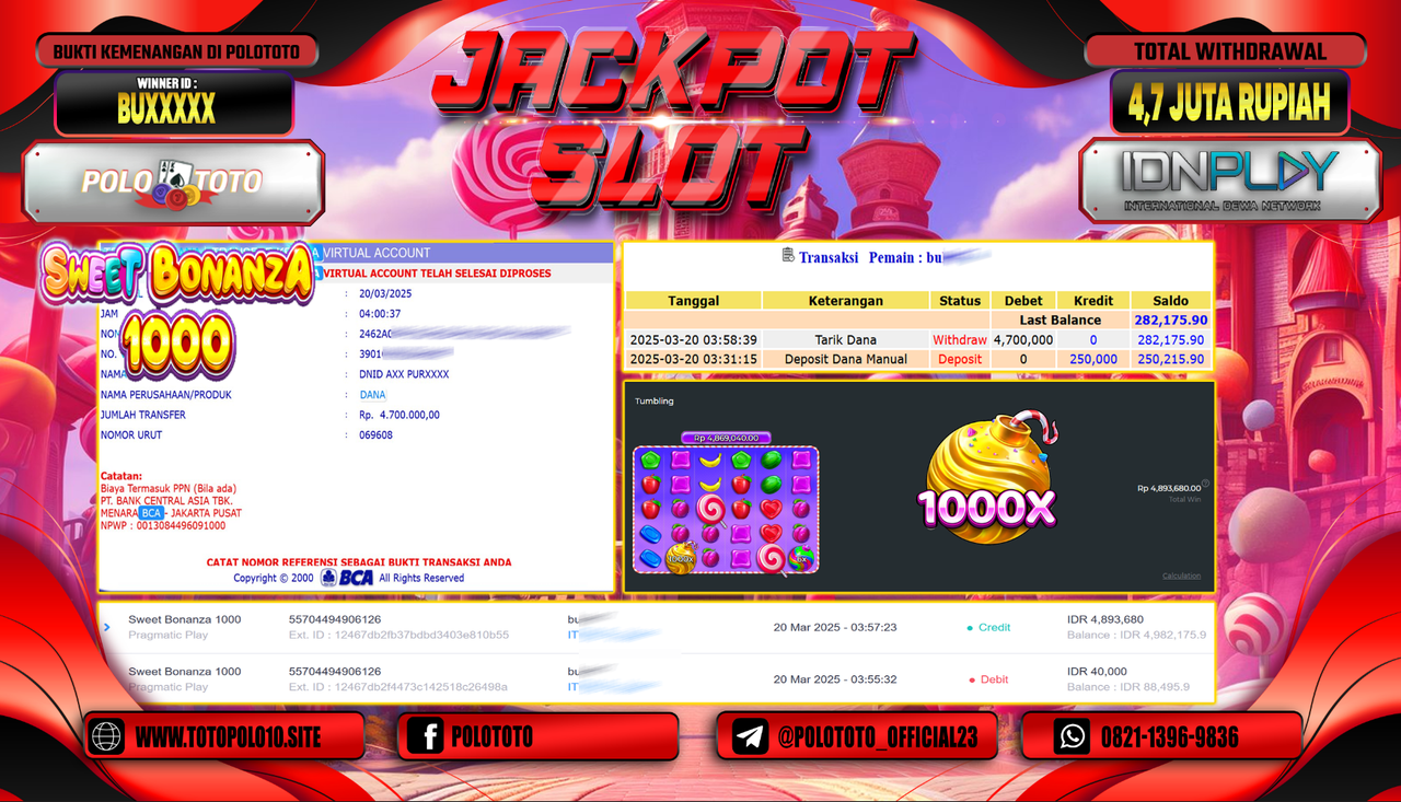 POLOTOTO JACKPOT SLOT SWEET BONANZA 1000 Rp.4.700.000,-