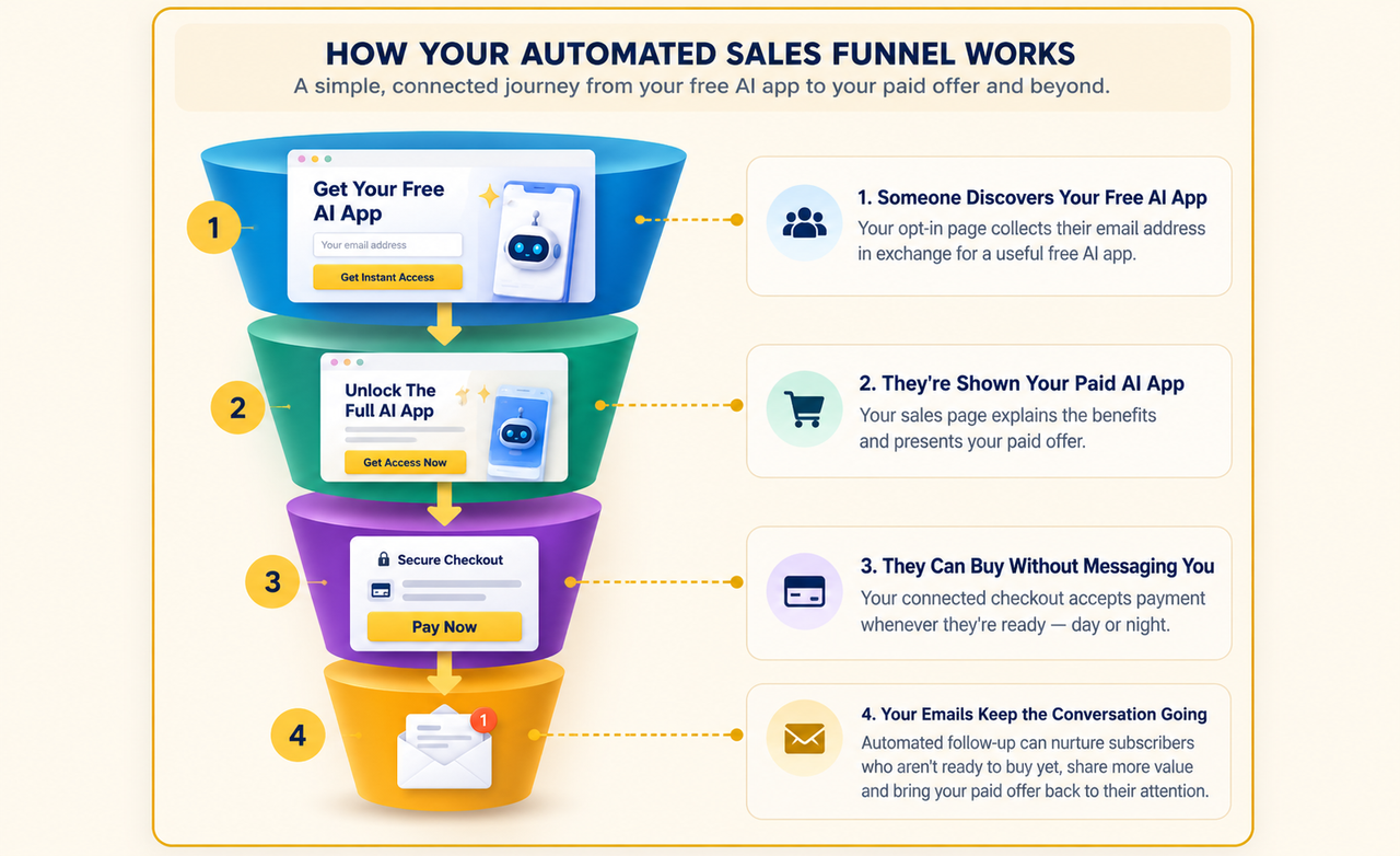 How your automated sales funnel works: a free AI app captures leads, a paid AI app is offered, checkout accepts payments, and automated emails follow up.