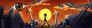 digital art of ENA from ENA: Dream BBQ at sunset with bullets surrounding her and her arms holding her legs down. The background has many ruined buildings and an eye floating in the sky which connects to the clouds, along with gravestones with an X on each of them.