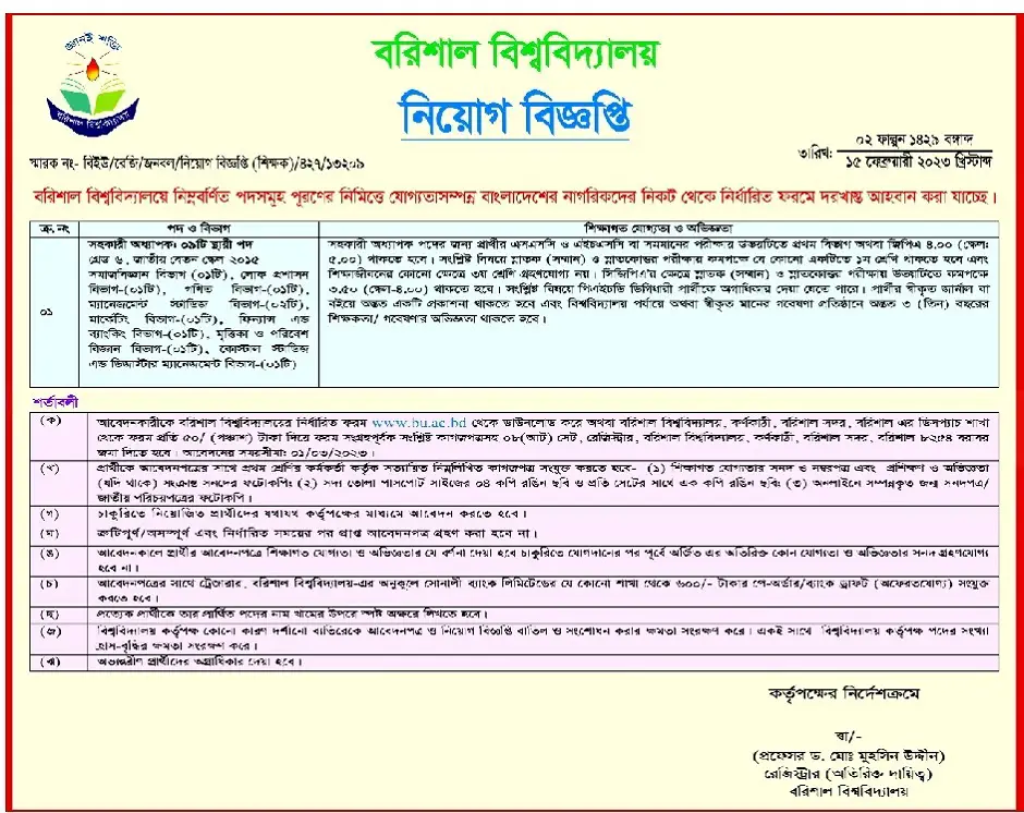 Barisal University Job Circular 2023