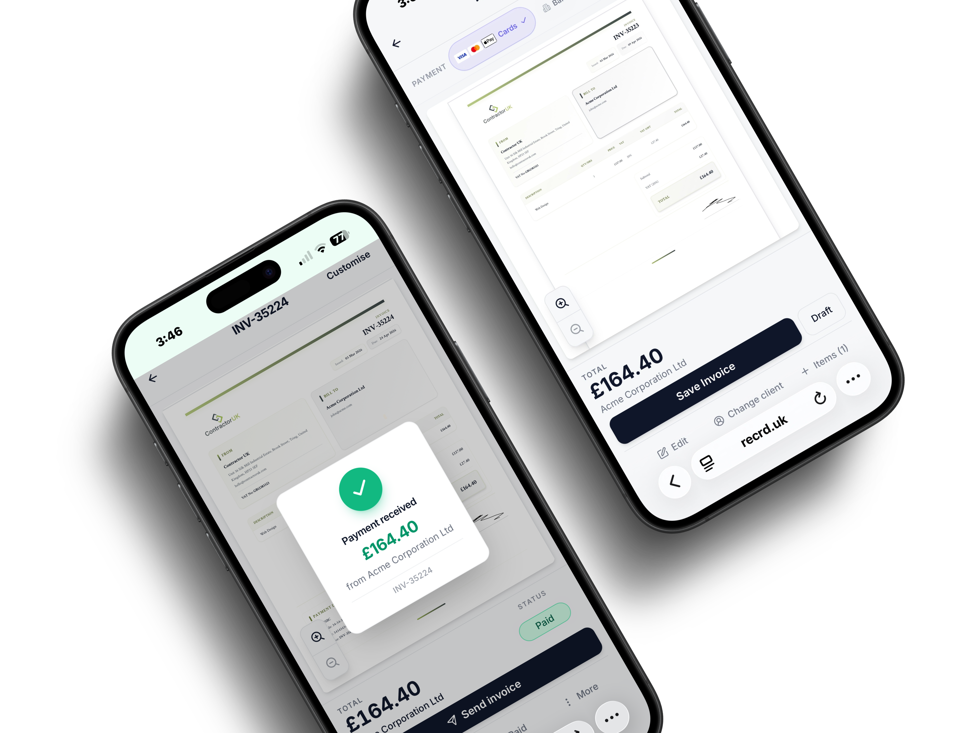RECRD mobile invoice builder with automatic VAT calculation