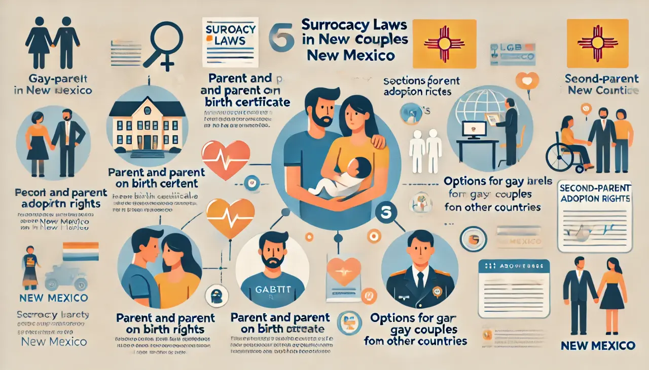 Infographic explaining surrogacy for LGBTQ couples in New Mexico, covering birth certificates and second-parent adoption.