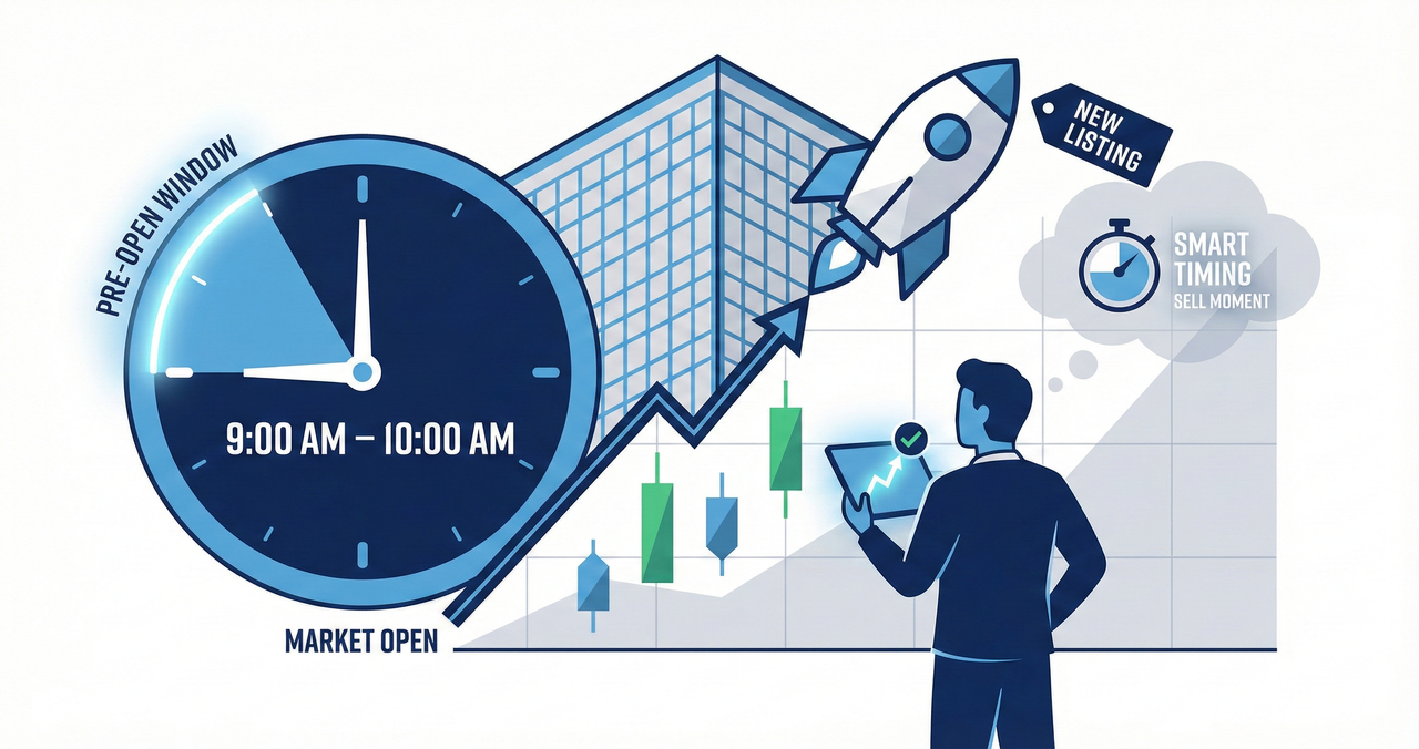 Illustration showing an IPO stock entering the market with a clock highlighting pre-open session