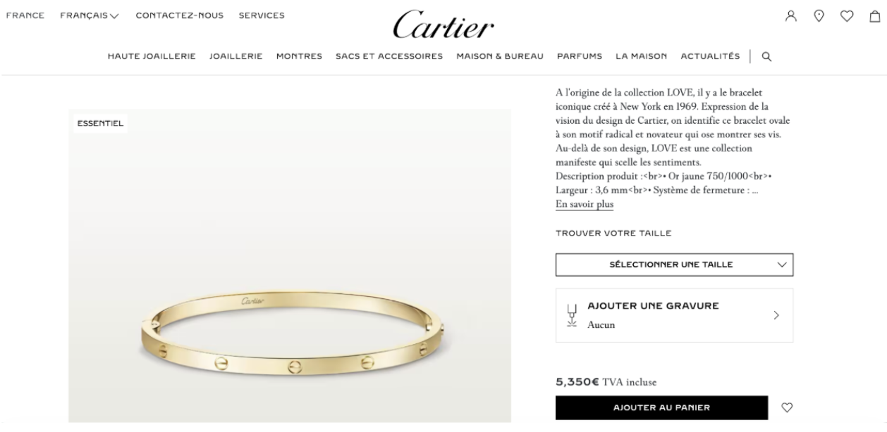 Page produit Cartier Bracelet LOVE petit modèle avec JavaScript : le prix 5,350€ TVA incluse est affiché.