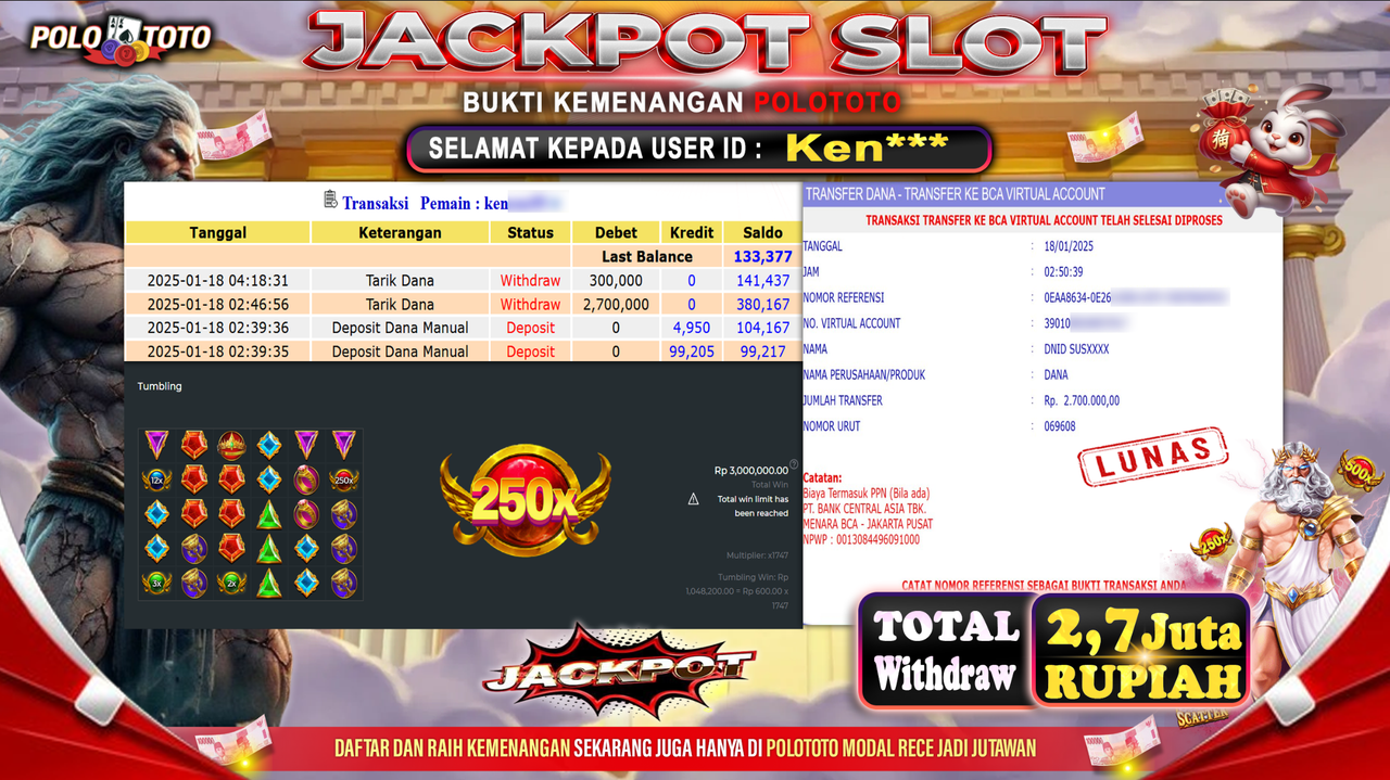 POLOTOTO JACKPOT SLOT GATES OF OLYMPUS 1000 Rp.2,700.000,-