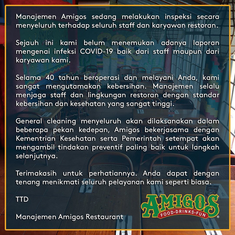 Klarifikasi pihak manajemen restoran Amigos