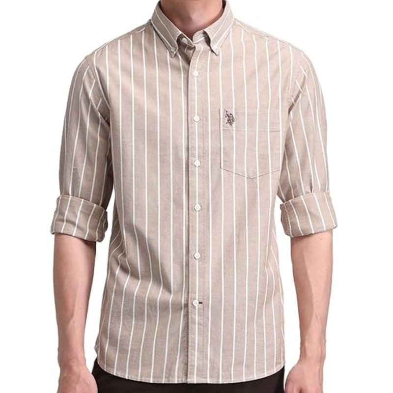 USPA Men’s Brown Striped Formal Cotton Regular Fit Shirt