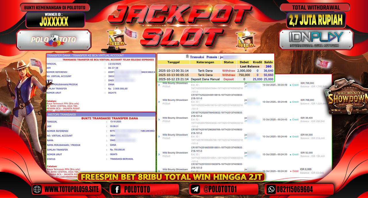 POLOTOTO JACKPOT SLOT WILD BOUNTHY SHOWDOWN Rp.2.700.000,- LUNAS