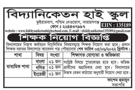 Biddyaniketon High School Job Circular 2022