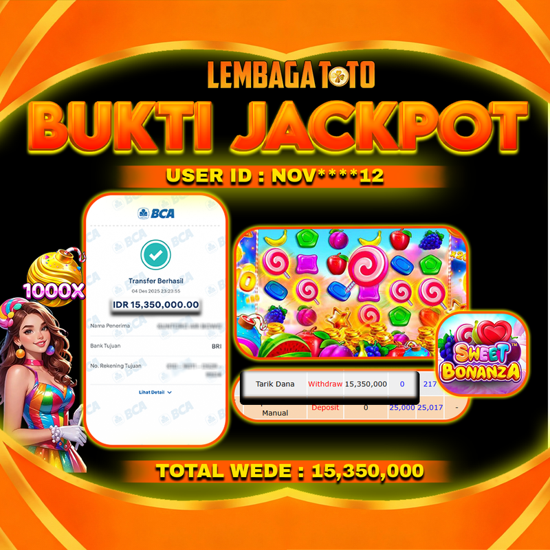 BUKTI JACKPOT 05 DECEMBER LEMBAGATOTO SWEET BONANZA Rp15,350,000,- LUNAS