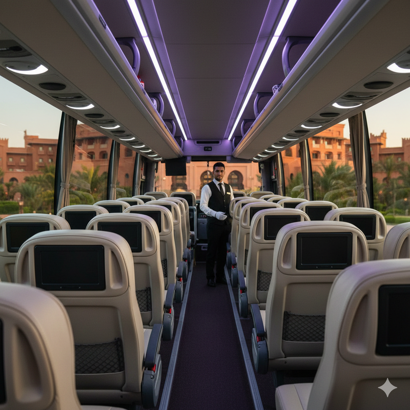 Intérieur mini-car pour groupe arrivant en jet privé à Marrakech