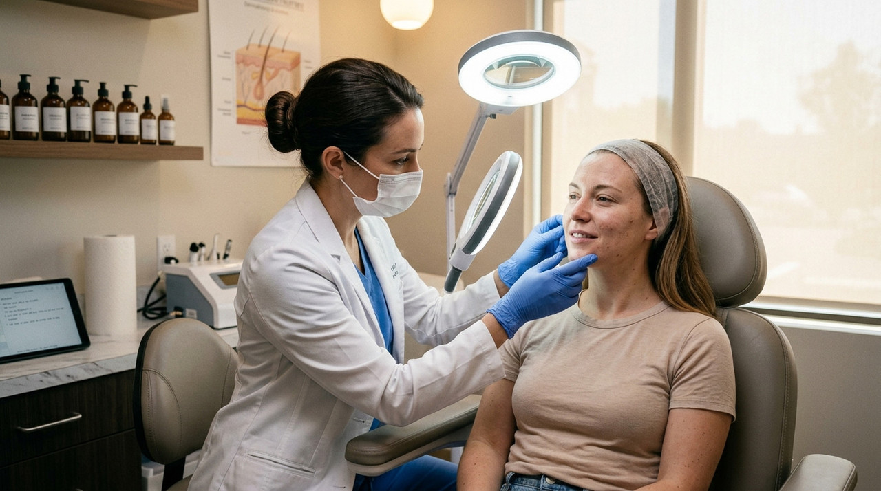 Врач-косметолог проводит консультацию и осмотр кожи пациента