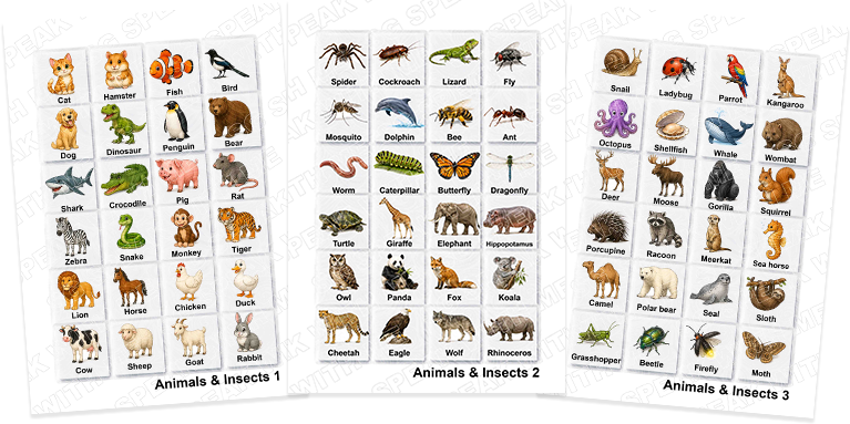Animals and Insects card set pages