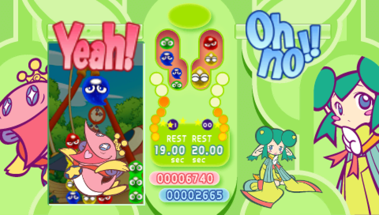 A screenshot of Ocean Prince defeating Lidelle in Puyo. The text above Ocean Prince reads, "Yeah!" while the one above Lidelle reads "Oh no!!"