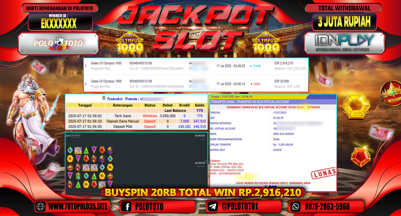POLOTOTO JACKPOT SLOT GATES OF OLYMPUS 1000 Rp.3.000.000,- LUNAS