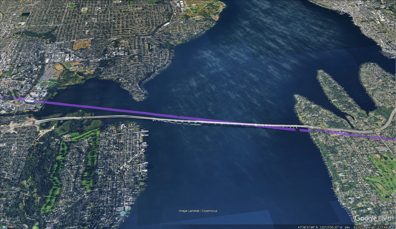 A google earth screenshot of late washington. A purple football field runs over the lake.