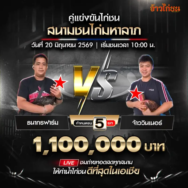 ธนากรฟาร์ม พบ เจ้าวินเนอร์ โปรแกรมไก่ชน สนามชนไก่มหาลาภ 20 มิถุนายน