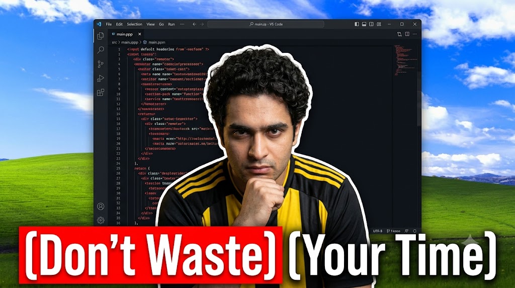 AI-generated example result for the youtube-thumbnail prompt: Don't Waste Your Time Thumbnail – Coding Tutorial VS Code Design AI YouTube Thumbnail Prompt