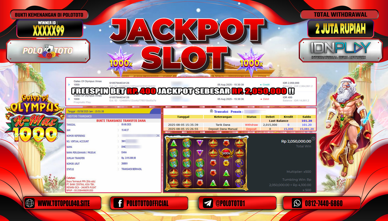 POLOTOTO JACKPOT SLOT GATES OF OLYMPUS XMAS 1000 Rp.2.000.000,-LUNAS