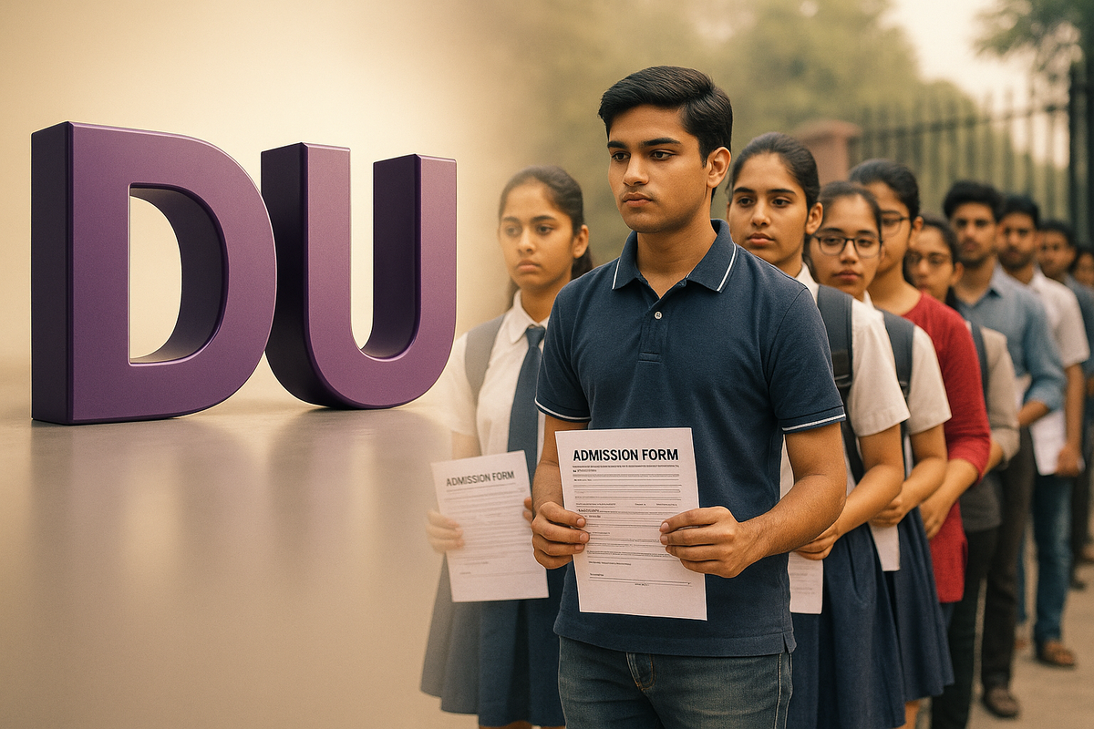 DU Admissions 2025 – Students Queue with Forms | CSAS Phase 2 Live Now Students Queuing for DU Admission with 3D DU Logo Banner