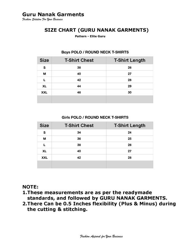 Size Chart.POLO.Guru Nanak Garments.Elite Pattern