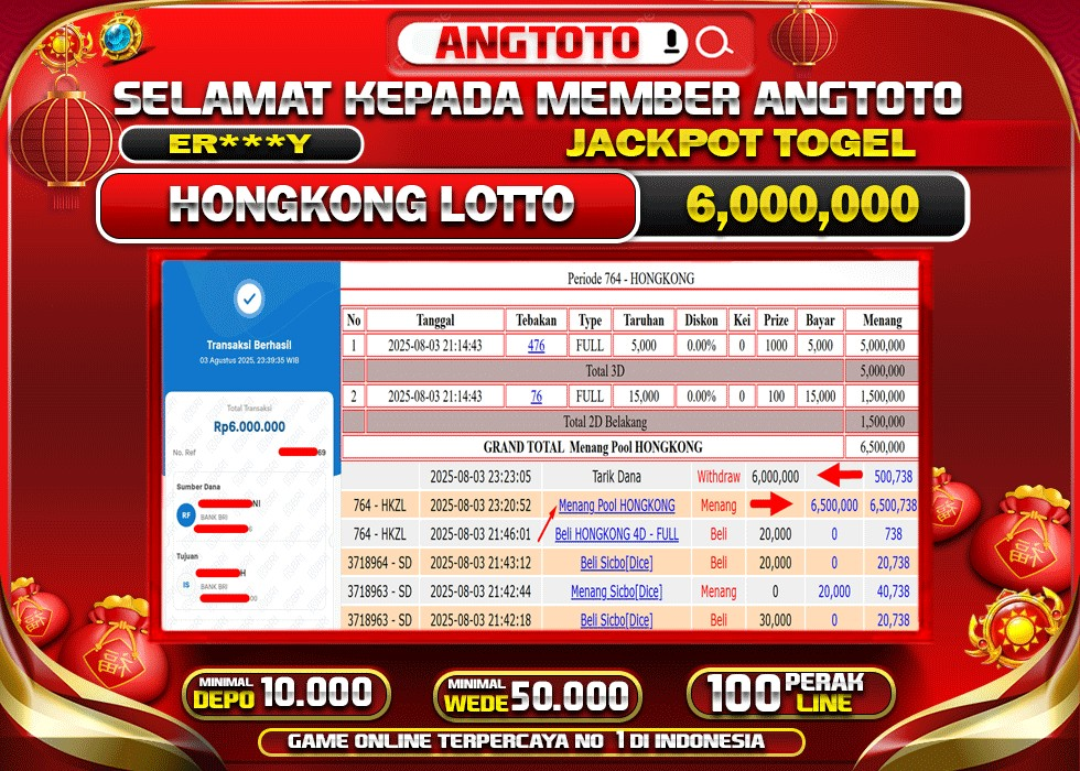 BUKTI PELUNASAN 3 AGUSTUS 2025 MENANG DI PASARAN HONGKONG LOTTO TOTAL WD 6 JUTA