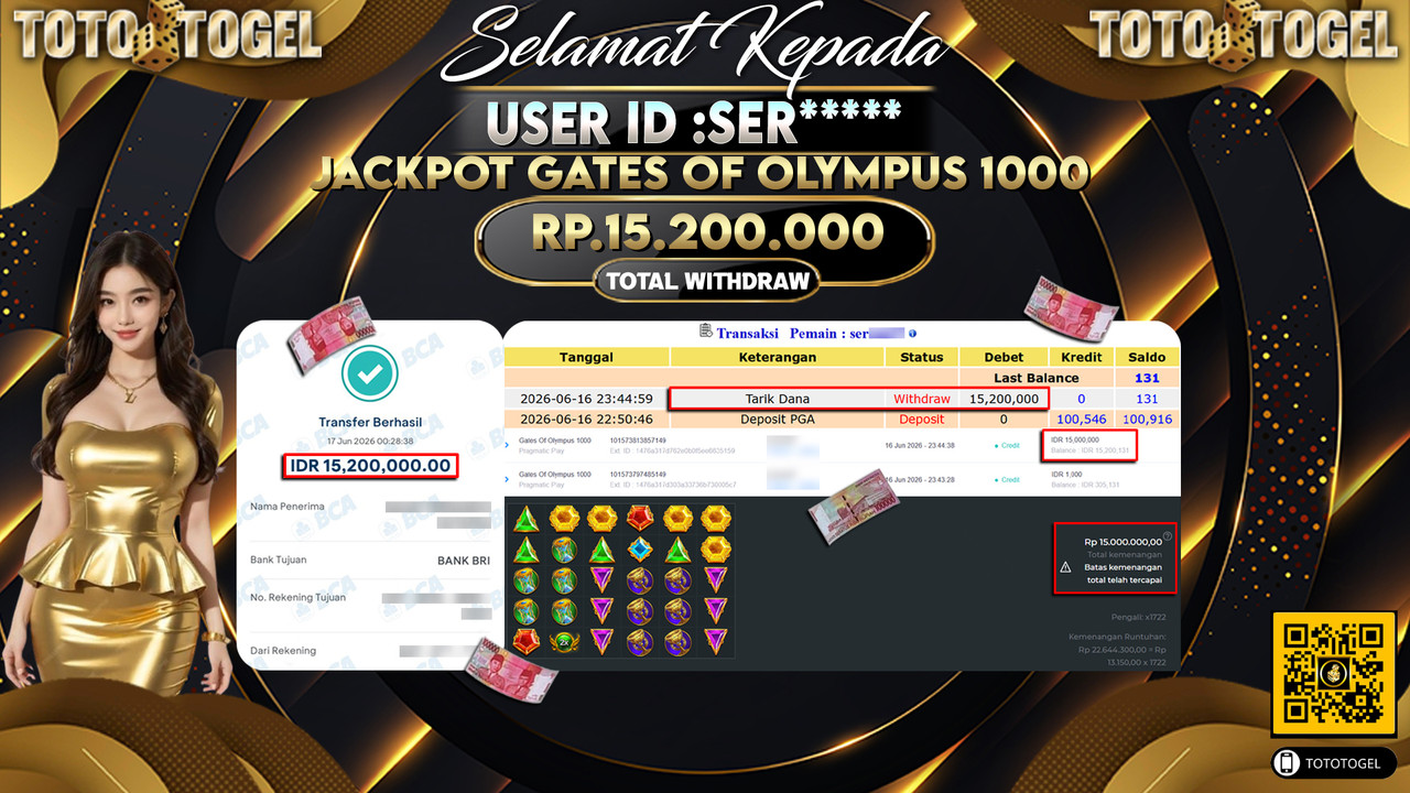 Bukti Pembayaran Jackpot Permainan Slot Gates Of Olympus 1000 ID:SER*****LUNAS