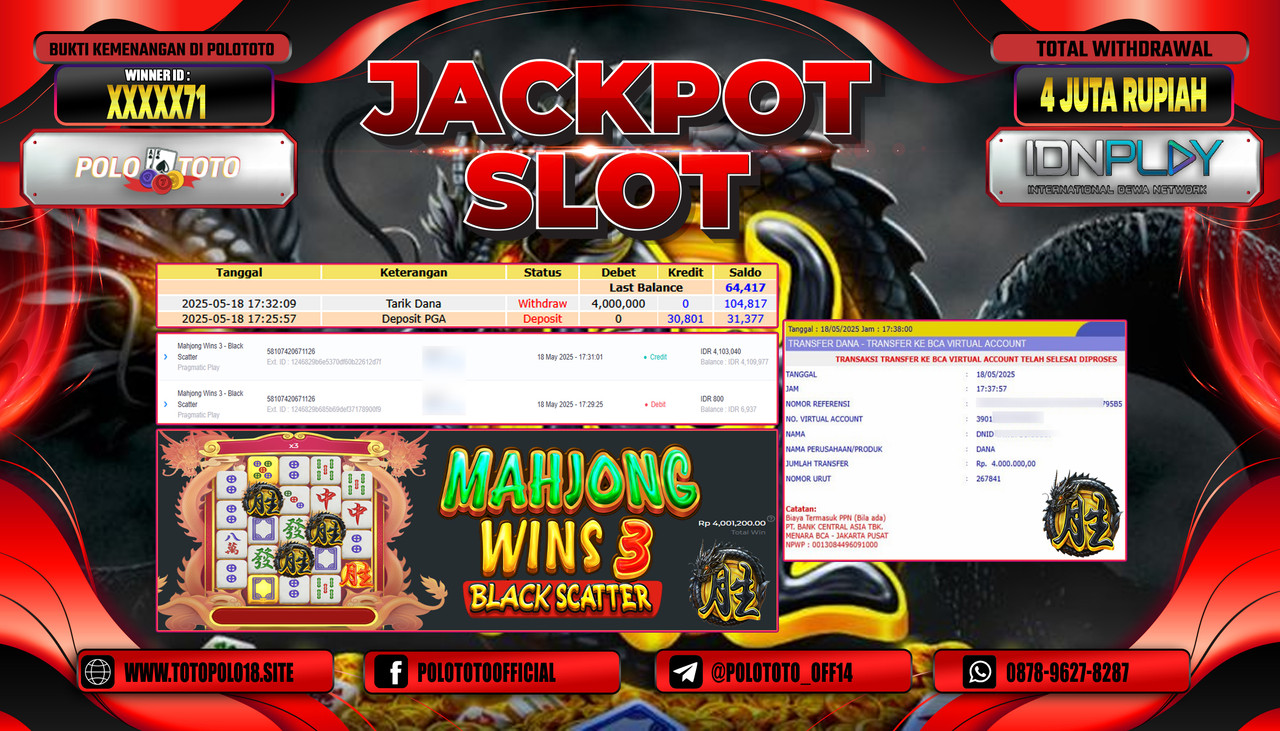 POLOTOTO JACKPOT SLOT MAHJONG WINS 3 - BLACK SCATTER Rp.4.000.000,-