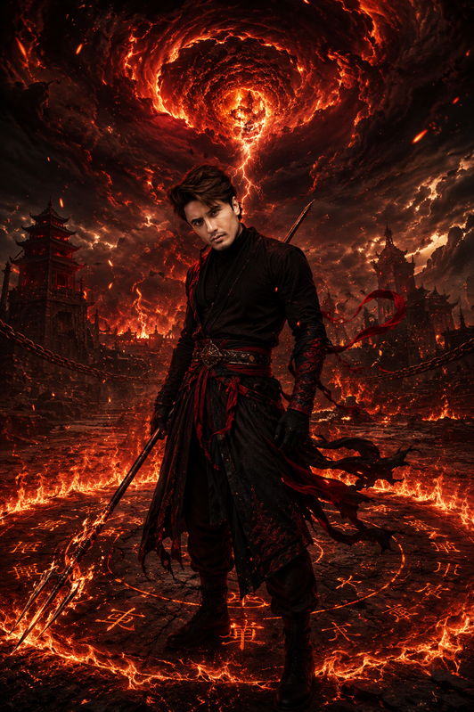 Example result for: Nezha's Inferno: Epic Fantasy Fire Circle Background Prompt