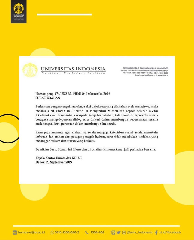 Surat edaran Universitas Indonesia terkait mahasiswanya yang mengikuti aksi unjuk rasa di depan Gedung DPR RI, Senin (23/9/2019).