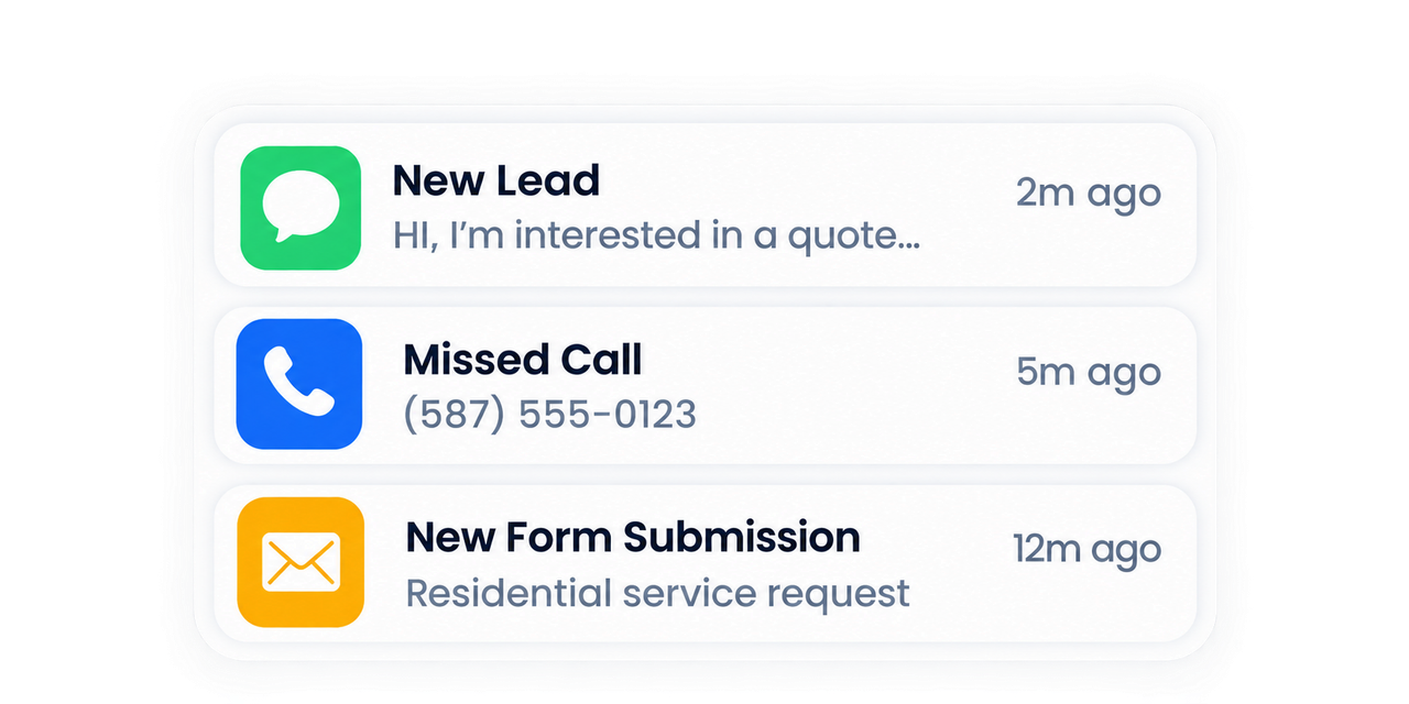 Lead feed showing a new lead, a missed call, and a new form submission