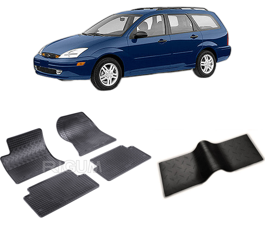 Set covorase auto FORD FOCUS I din 1998-2004, cu covoras tunel median, CAROSERIE COMBI, Presuri cauciuc 100%, compatibil cu autoturismul FORD FOCUS I, Rigum