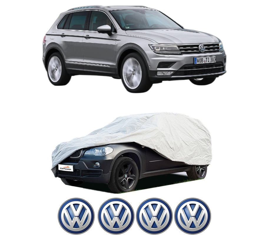 Husa tip prelata auto pentru Volskwagen TIGUAN SUV Van (AD1) din 2016-2020, Culoare Gri, material textil impermeabil, rezistanta la intemperii praf UV, CARPASSION Husa Protectie, 4 Stickere auto cu Volskwagen