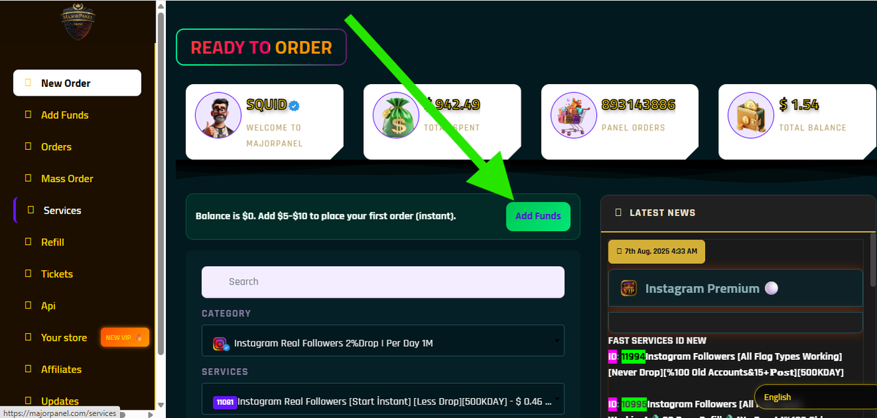 Add funds to MajorPanel account for IPTV Canada