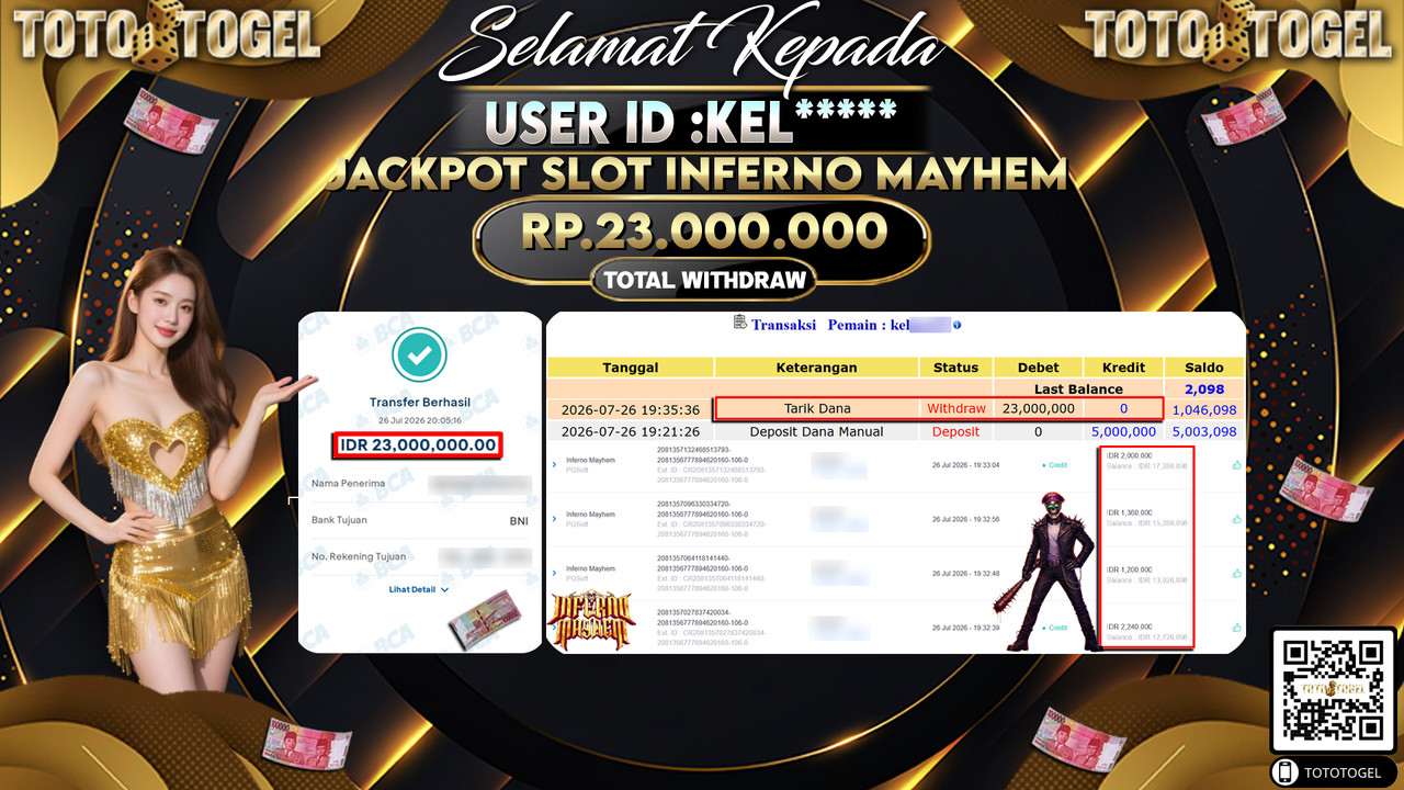 Bukti Pembayaran Jackpot SLOT INFERNO MAYHEM ID:KEL****LUNAS