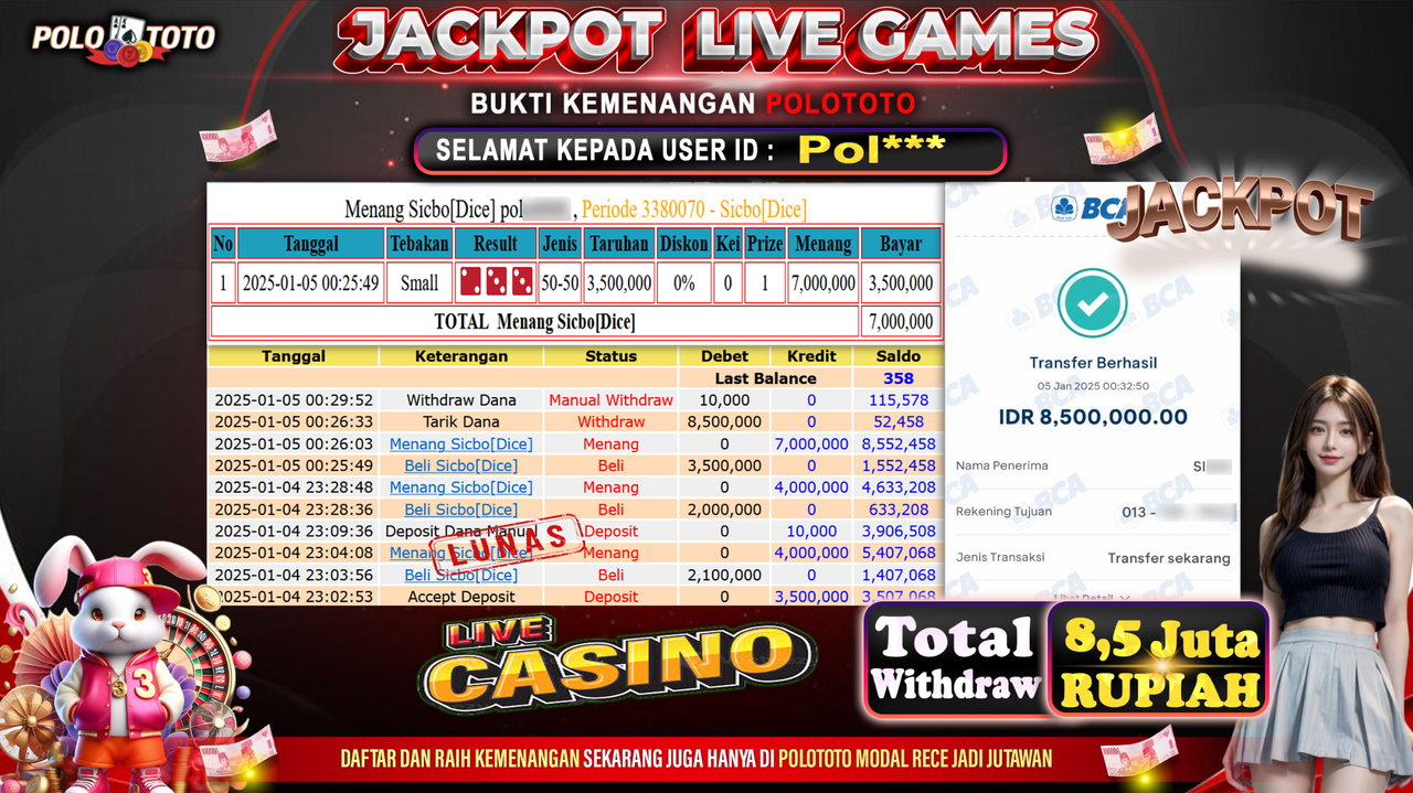 POLOTOTO JACKPOT LIVE GAMES SICBO DICE Rp.8,500.000,-