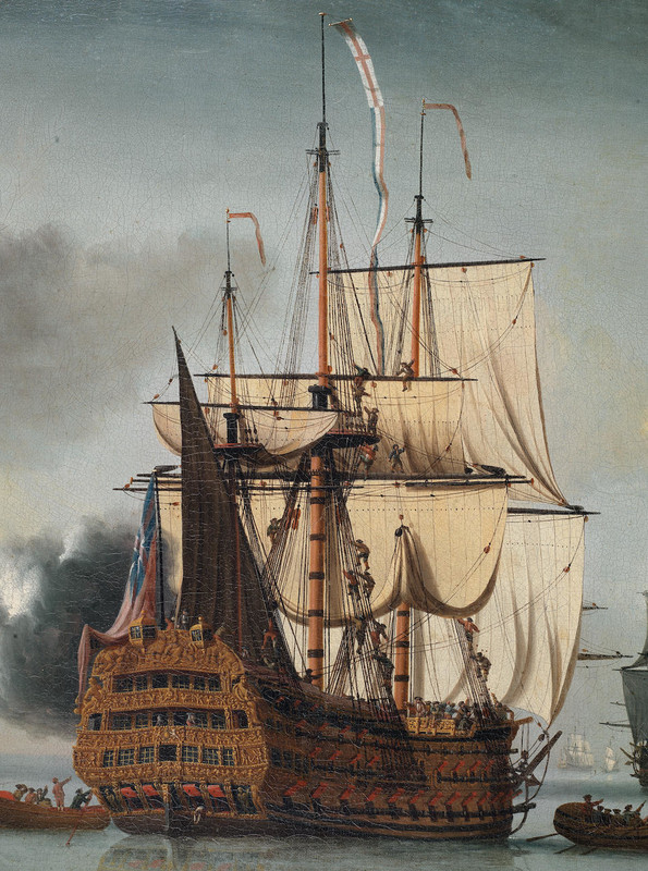 The_flagship_Royal_Sovereign_saluting_at_the_Nore,_by_L_de_Man_(cropped)_detail
