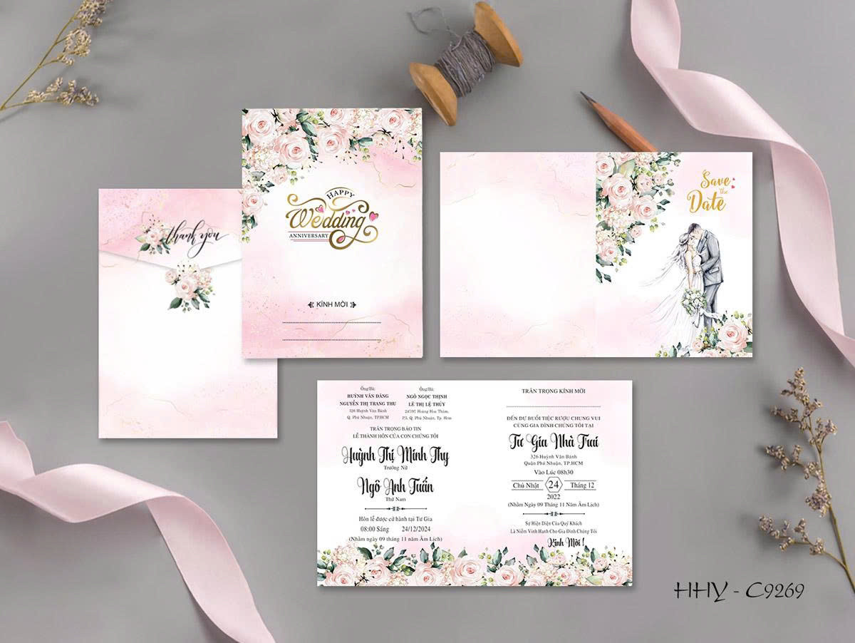 Thiệp ép kim chữ Wedding tone hồng phấn (9269)
