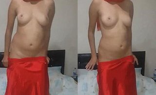Temptress wife removes her crimson nightgown