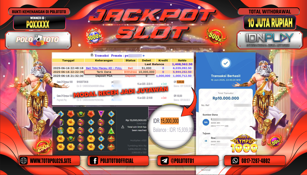 POLOTOTO JACKPOT SLOT GATES OF OLYMPUS 1000 Rp.10.000.000,-